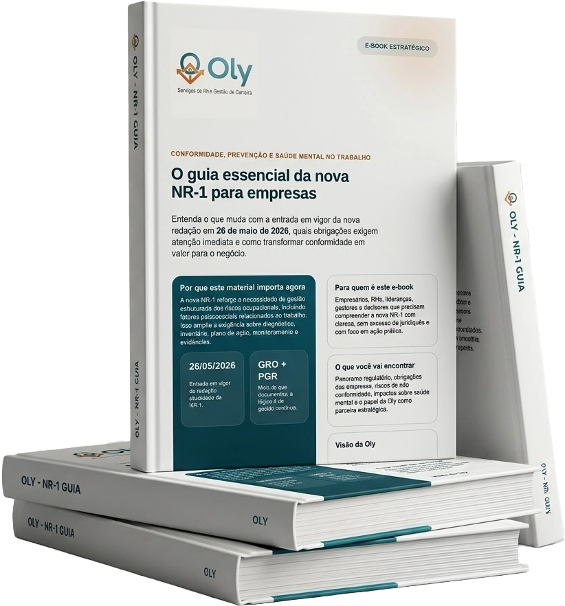E-book Oly: O guia essencial da nova NR-1 para empresas, exibido em uma pilha de livros impressos